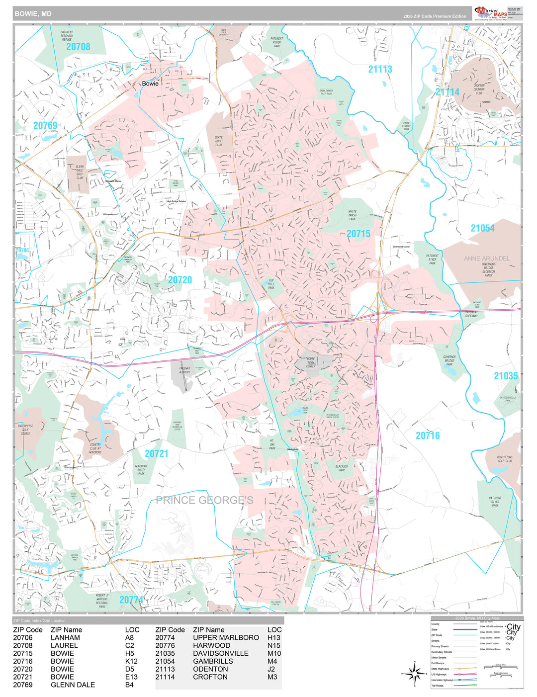 Premium Style Wall Map of Bowie, MD