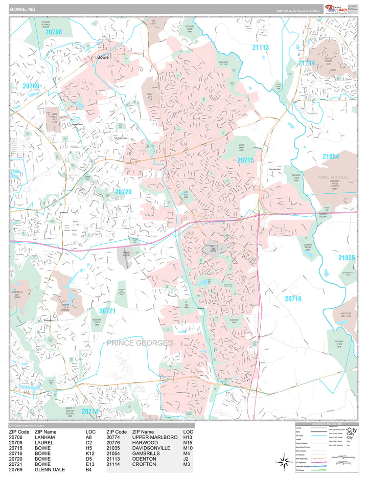 Premium Style Wall Map of Bowie, MD