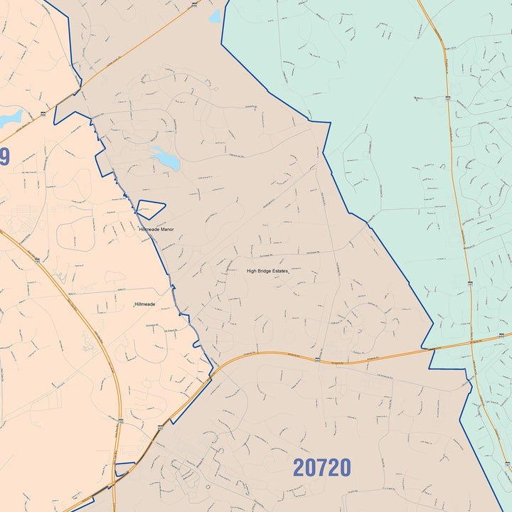Color Cast Zip Code Style Wall Map of Bowie, MD