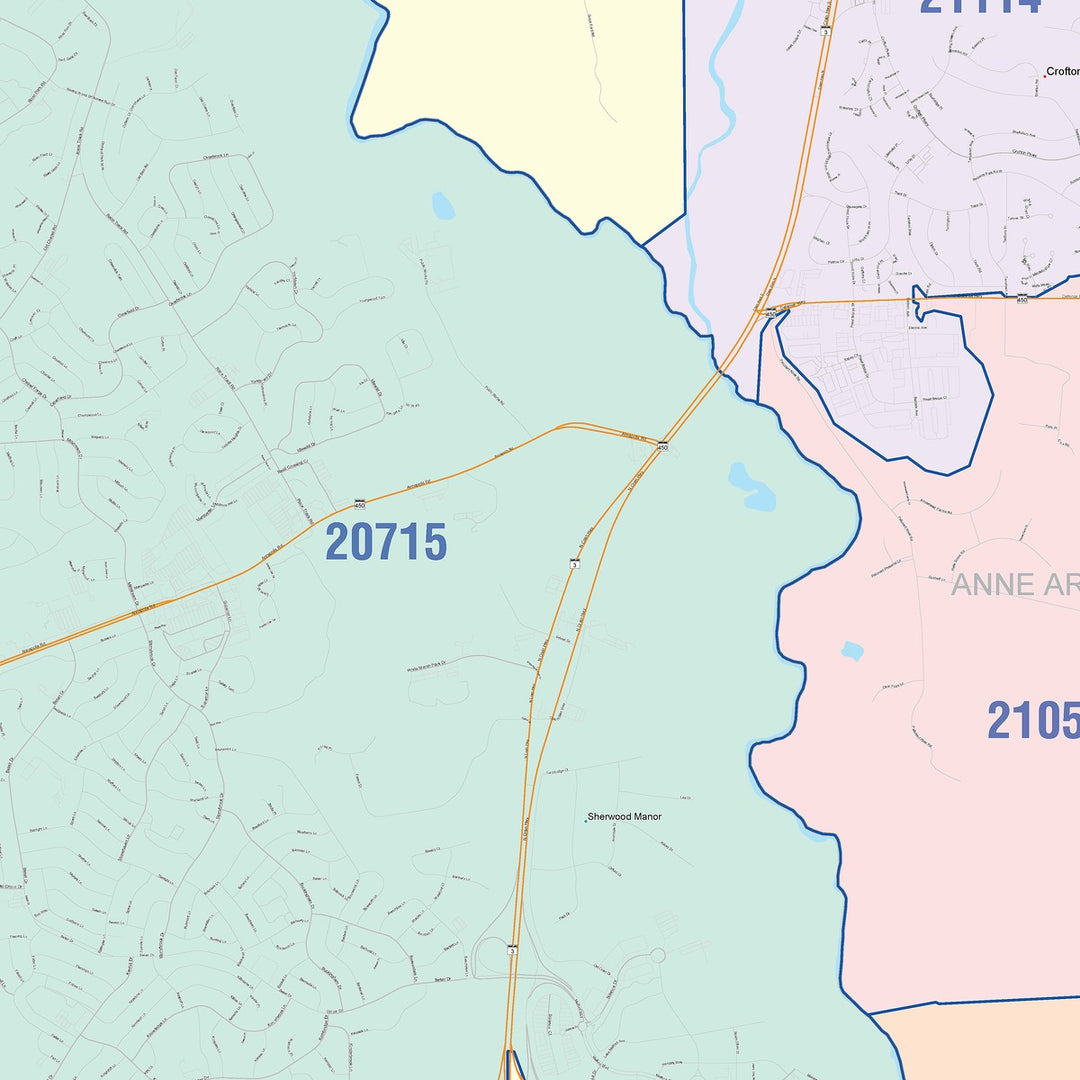 Color Cast Zip Code Style Wall Map of Bowie, MD