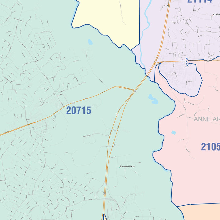 Color Cast Zip Code Style Wall Map of Bowie, MD