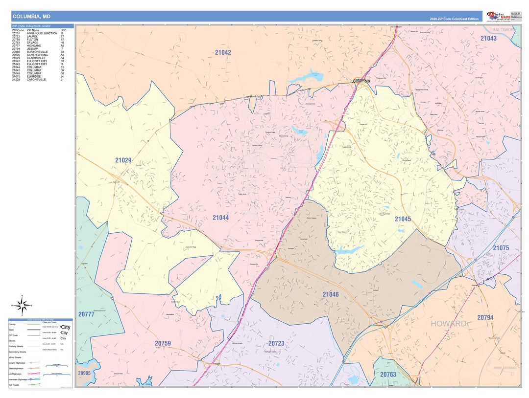 Color Cast Zip Code Style Wall Map of Columbia, MD