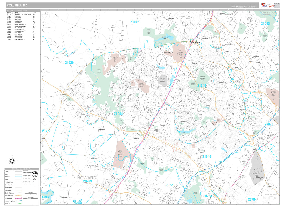 Premium Style Wall Map of Columbia, MD