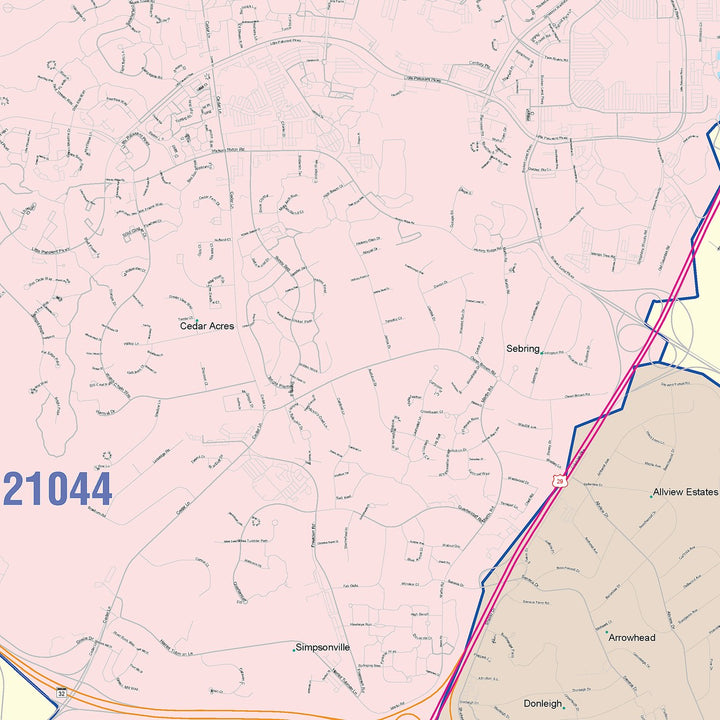 Color Cast Zip Code Style Wall Map of Columbia, MD