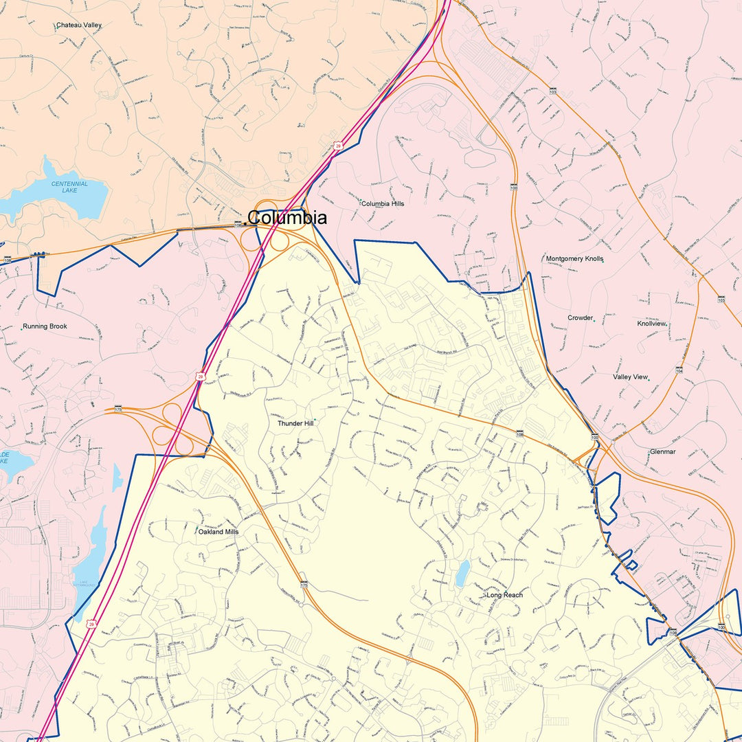 Color Cast Zip Code Style Wall Map of Columbia, MD
