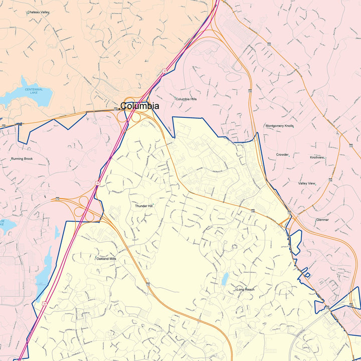 Color Cast Zip Code Style Wall Map of Columbia, MD