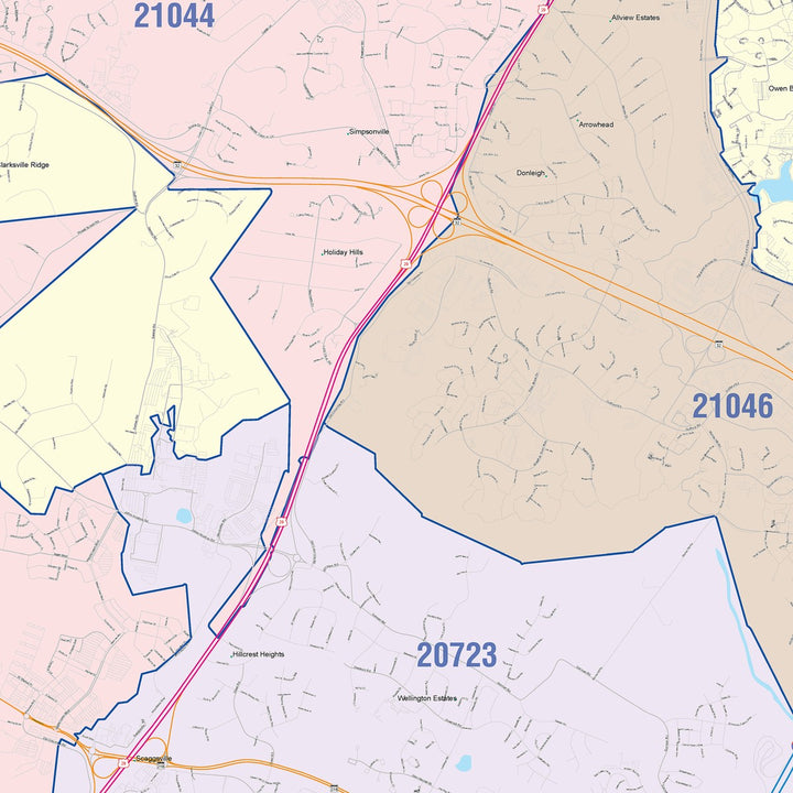 Color Cast Zip Code Style Wall Map of Columbia, MD