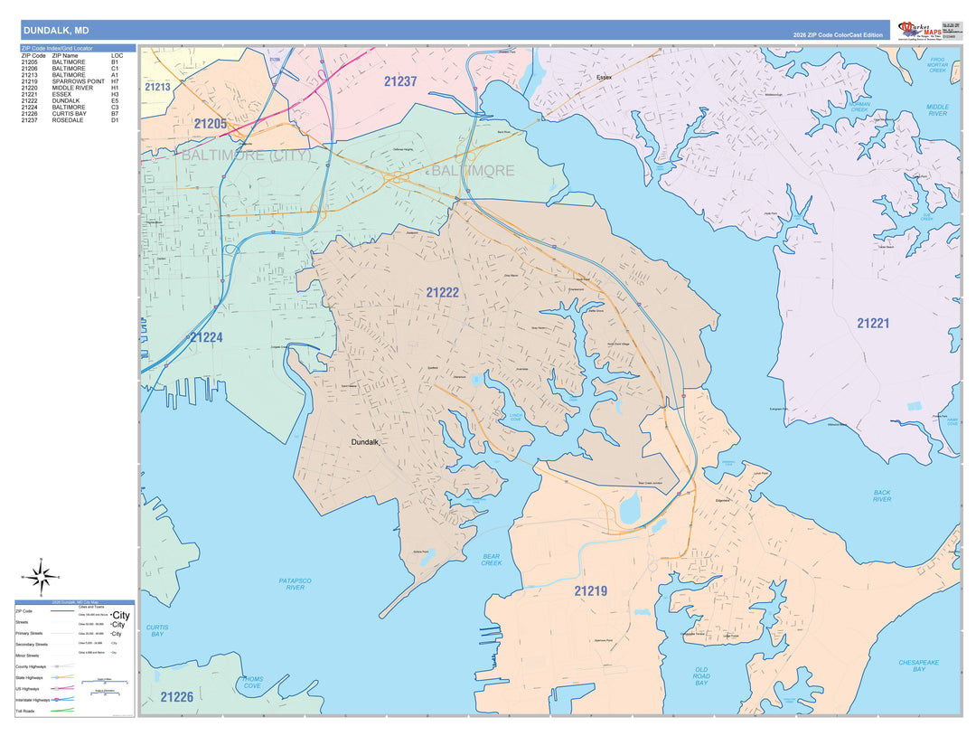 Color Cast Zip Code Style Wall Map of Dundalk, MD