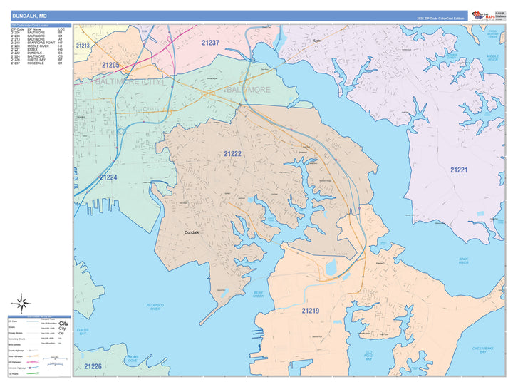 Color Cast Zip Code Style Wall Map of Dundalk, MD