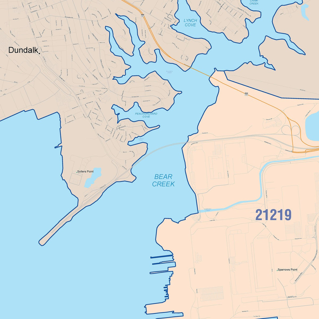 Color Cast Zip Code Style Wall Map of Dundalk, MD