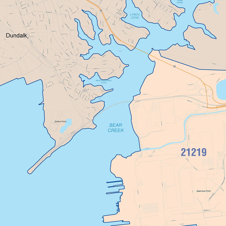 Color Cast Zip Code Style Wall Map of Dundalk, MD