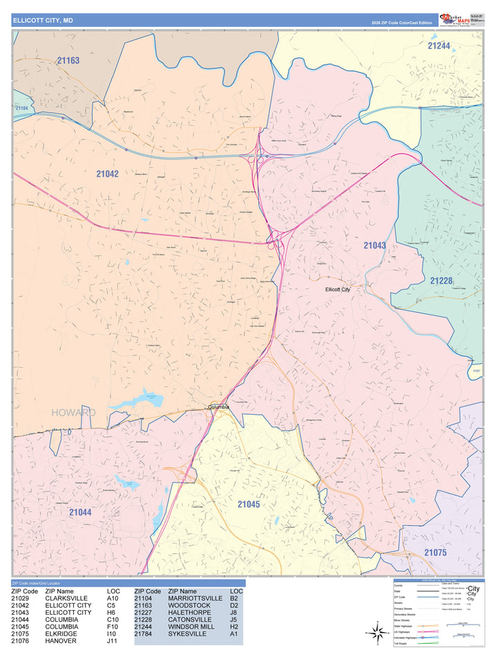 Color Cast Zip Code Style Wall Map of Ellicott City, MD