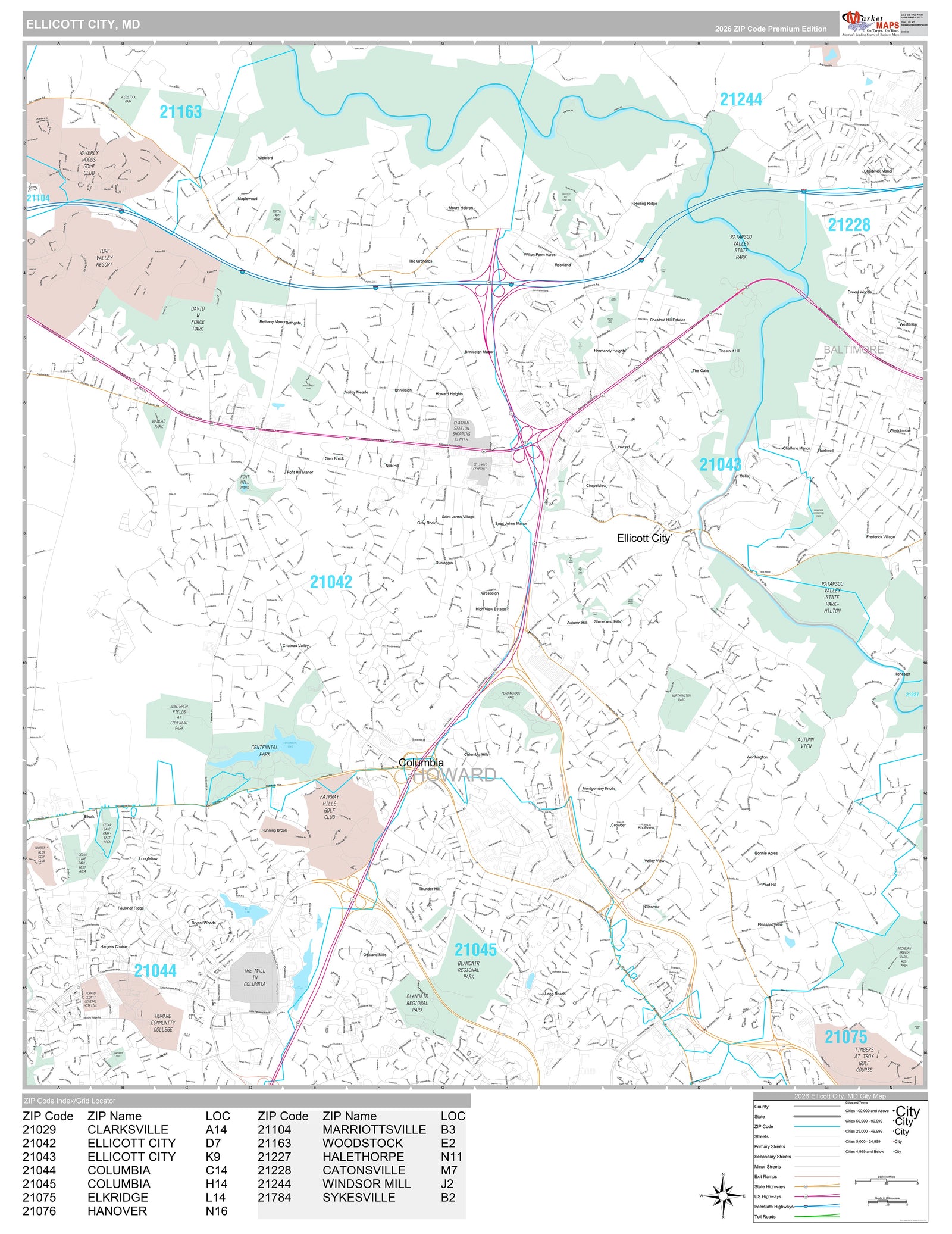 Premium Style Wall Map of Elliott City, MD