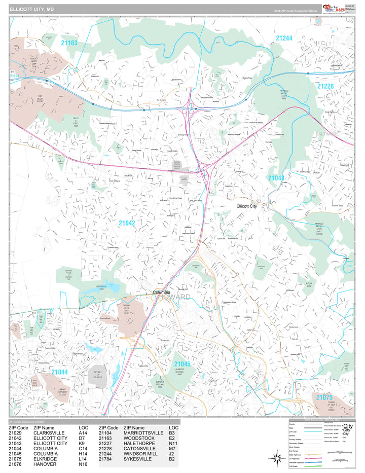 Premium Style Wall Map of Elliott City, MD