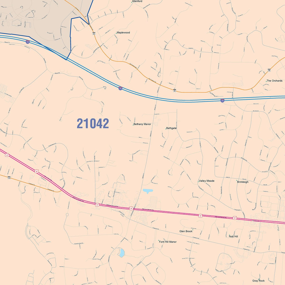 Color Cast Zip Code Style Wall Map of Ellicott City, MD
