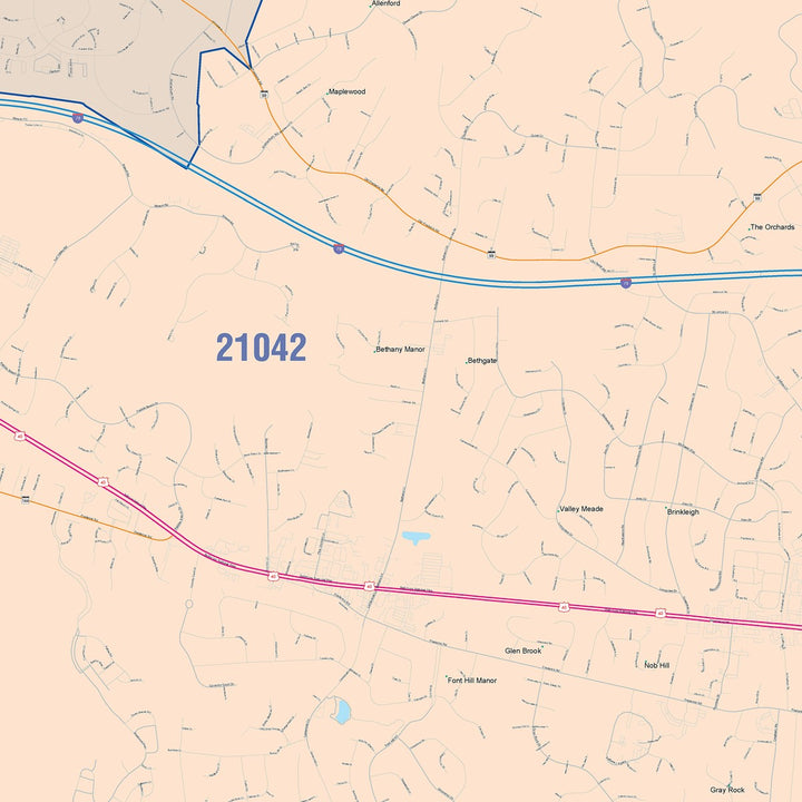 Color Cast Zip Code Style Wall Map of Ellicott City, MD