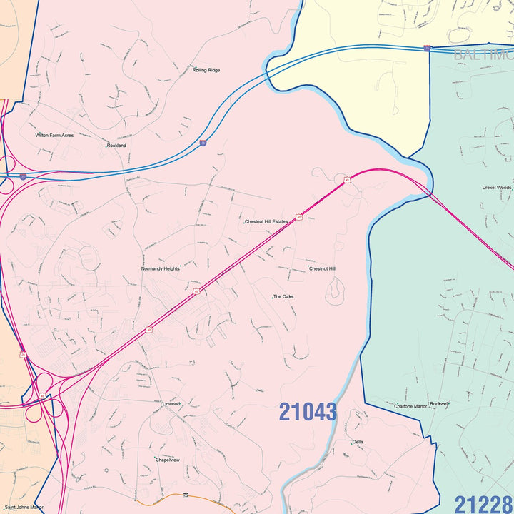 Color Cast Zip Code Style Wall Map of Ellicott City, MD