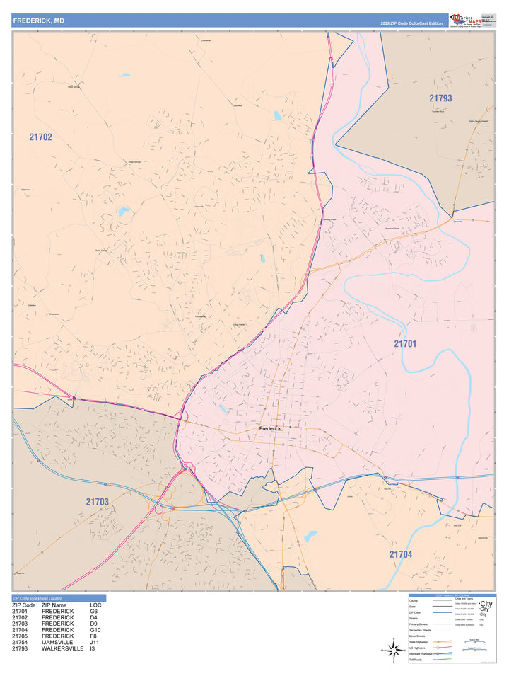 Color Cast Zip Code Style Wall Map of Frederick, MD