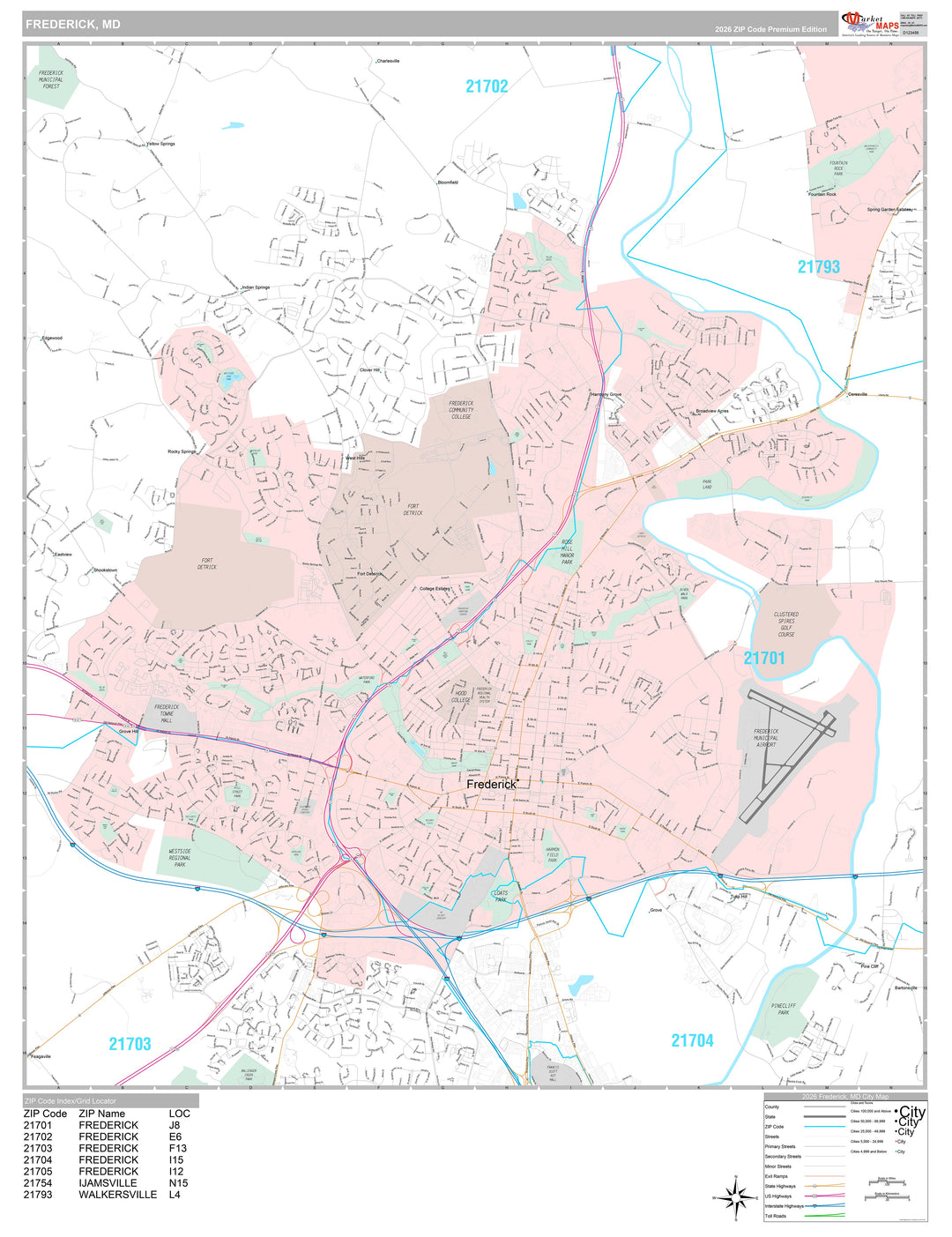 Premium Style Wall Map of Frederick, MD