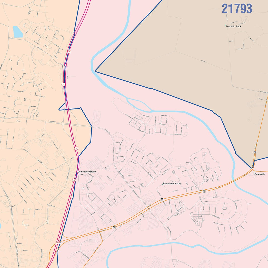 Color Cast Zip Code Style Wall Map of Frederick, MD