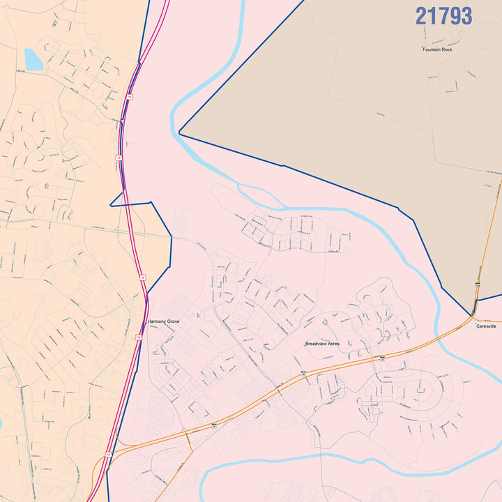 Color Cast Zip Code Style Wall Map of Frederick, MD