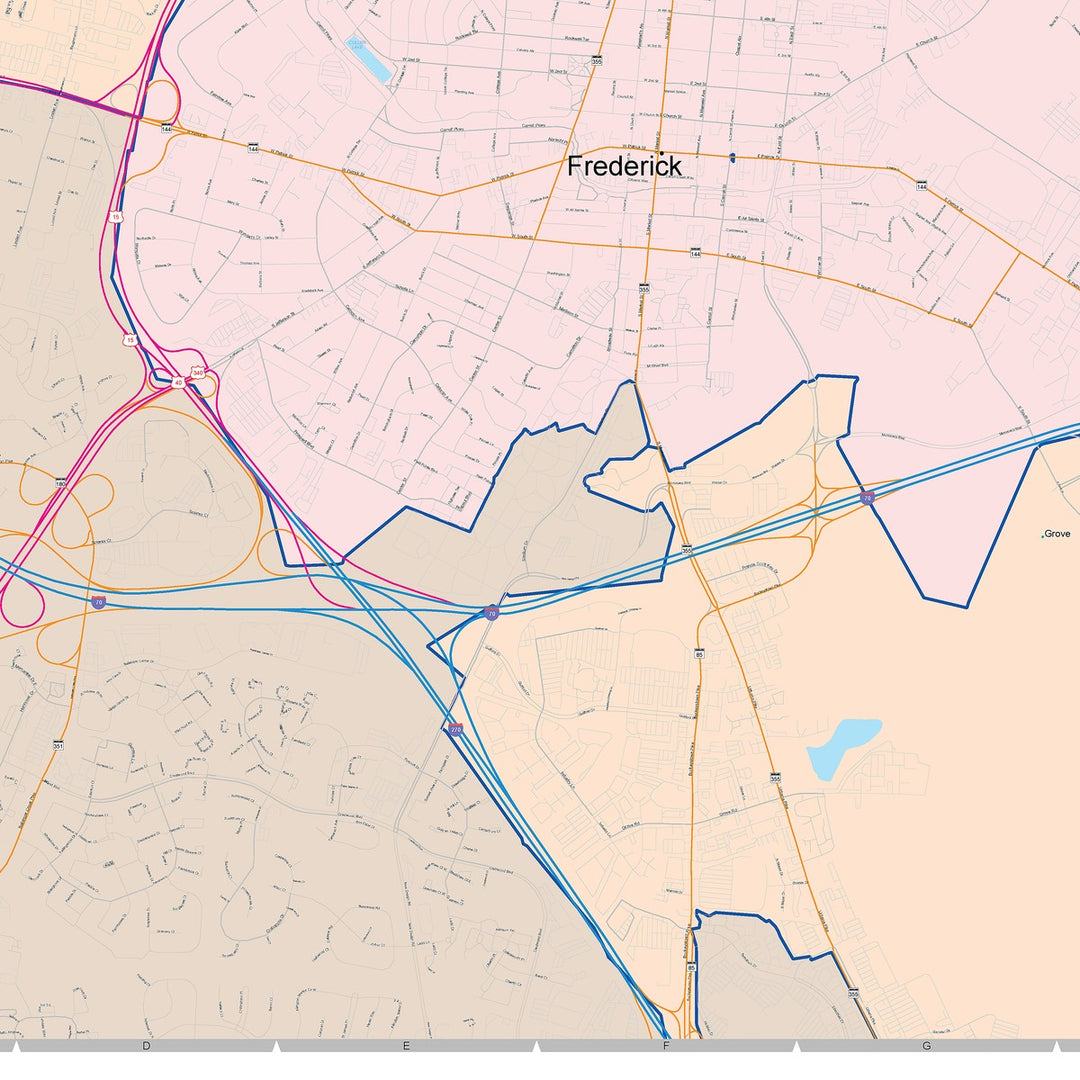 Color Cast Zip Code Style Wall Map of Frederick, MD