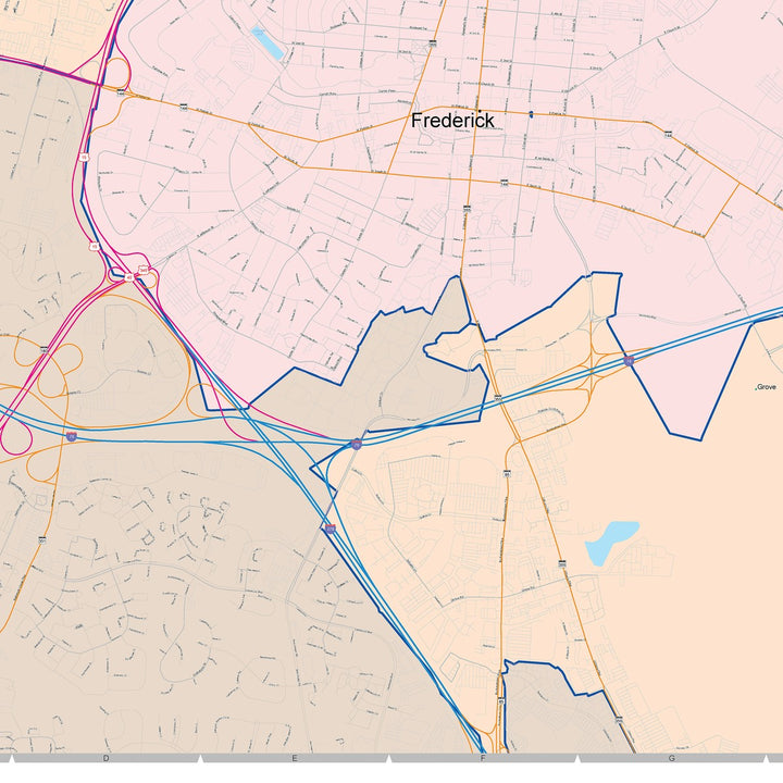 Color Cast Zip Code Style Wall Map of Frederick, MD