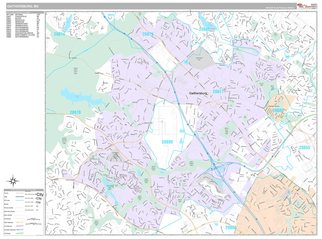 Premium Style Wall Map of Gaithersburg, MD