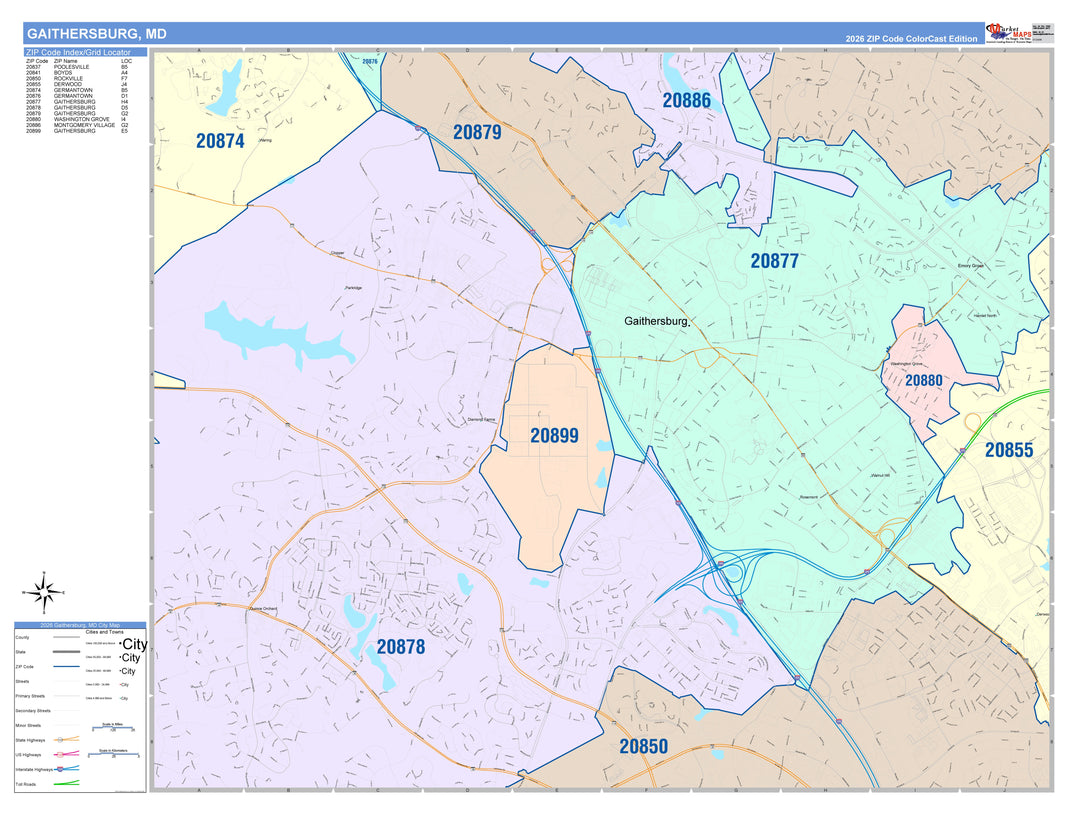Color Cast Zip Code Style Wall Map of Gaithersburg, MD