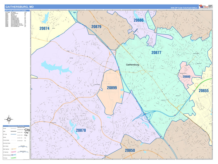 Color Cast Zip Code Style Wall Map of Gaithersburg, MD