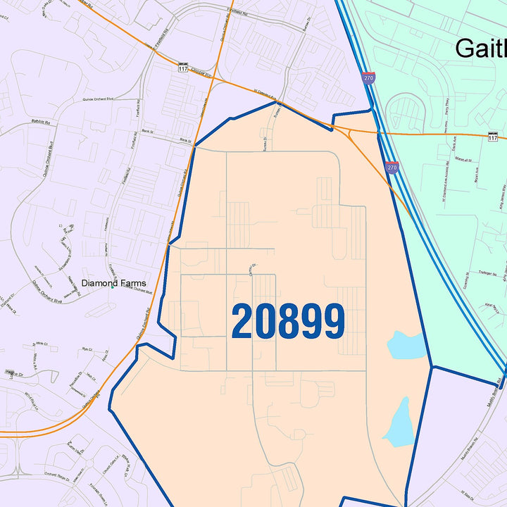 Color Cast Zip Code Style Wall Map of Gaithersburg, MD