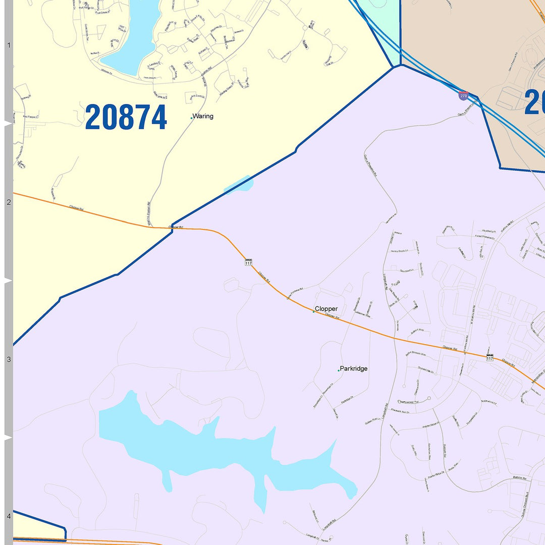 Color Cast Zip Code Style Wall Map of Gaithersburg, MD