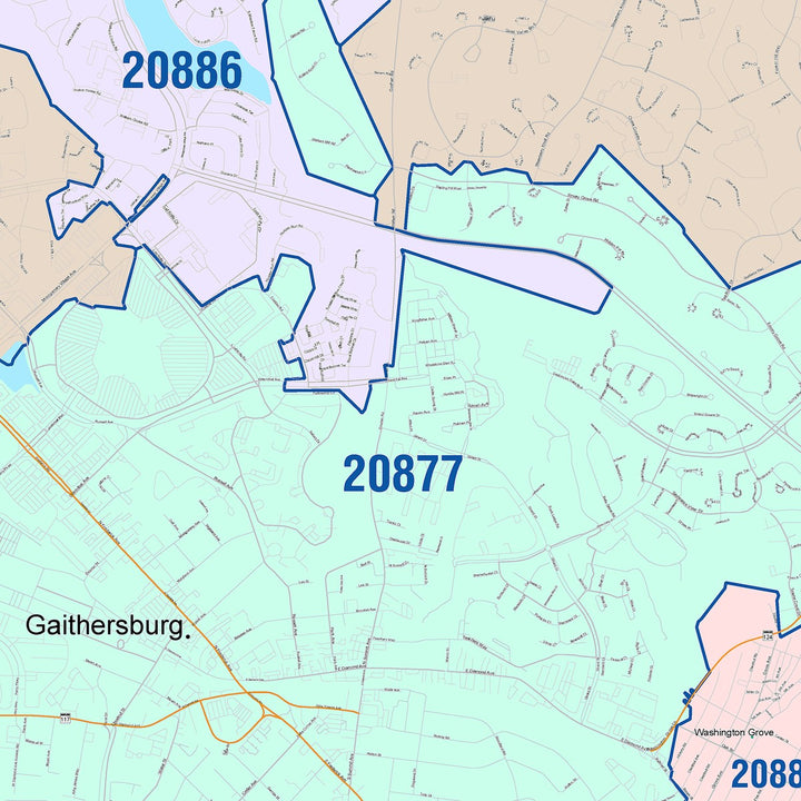 Color Cast Zip Code Style Wall Map of Gaithersburg, MD