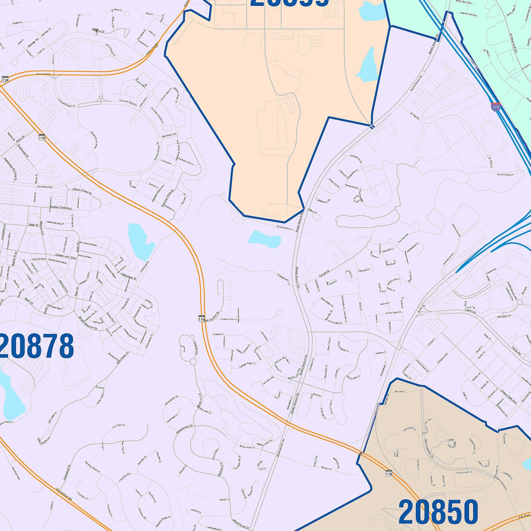 Color Cast Zip Code Style Wall Map of Gaithersburg, MD