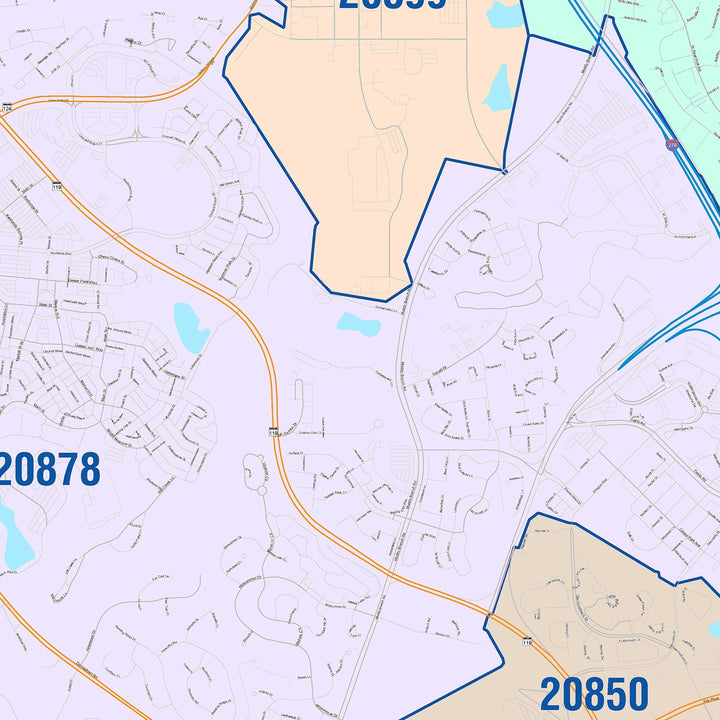 Color Cast Zip Code Style Wall Map of Gaithersburg, MD