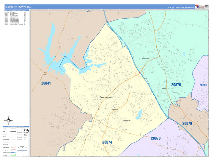 Color Cast Zip Code Style Wall Map of Germantown, MD