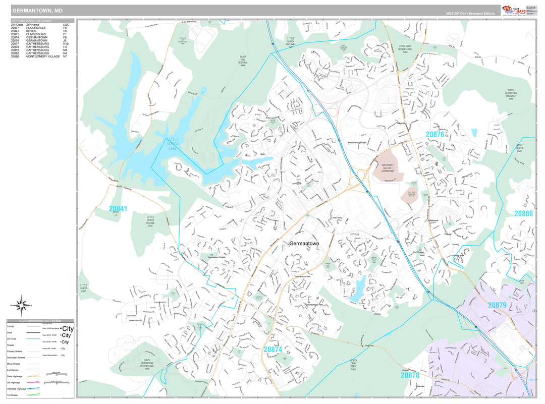 Premium Style Wall Map of Germantown, MD