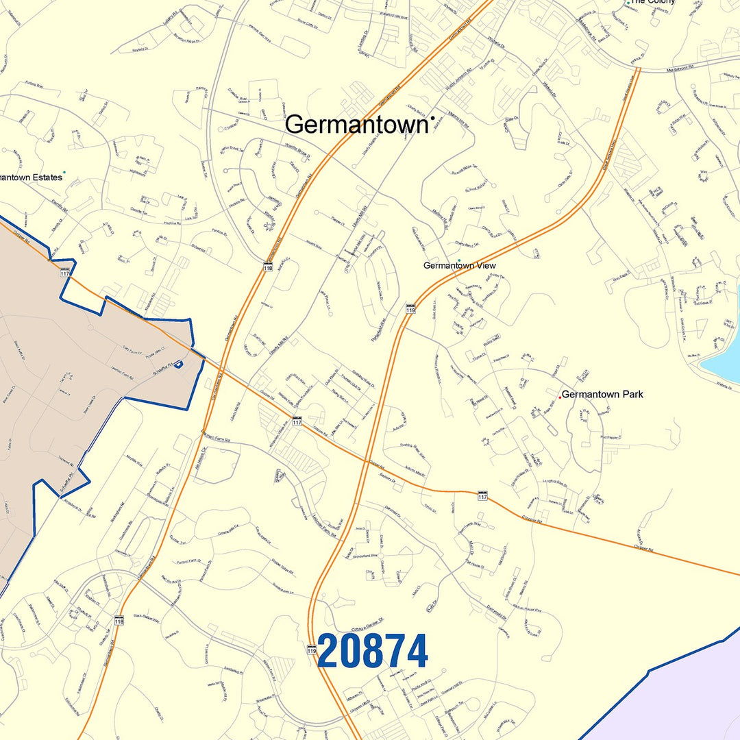 Color Cast Zip Code Style Wall Map of Germantown, MD