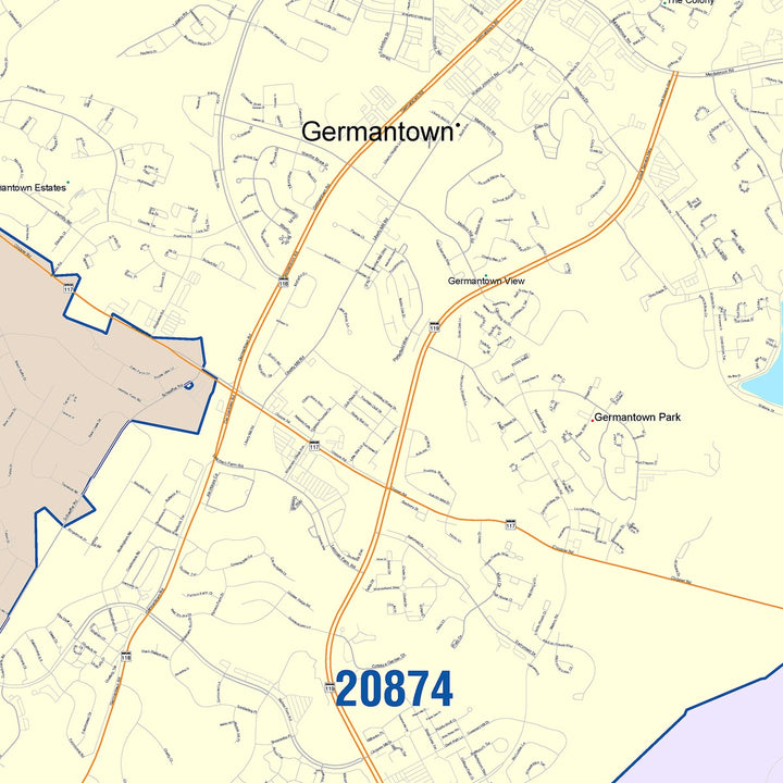 Color Cast Zip Code Style Wall Map of Germantown, MD