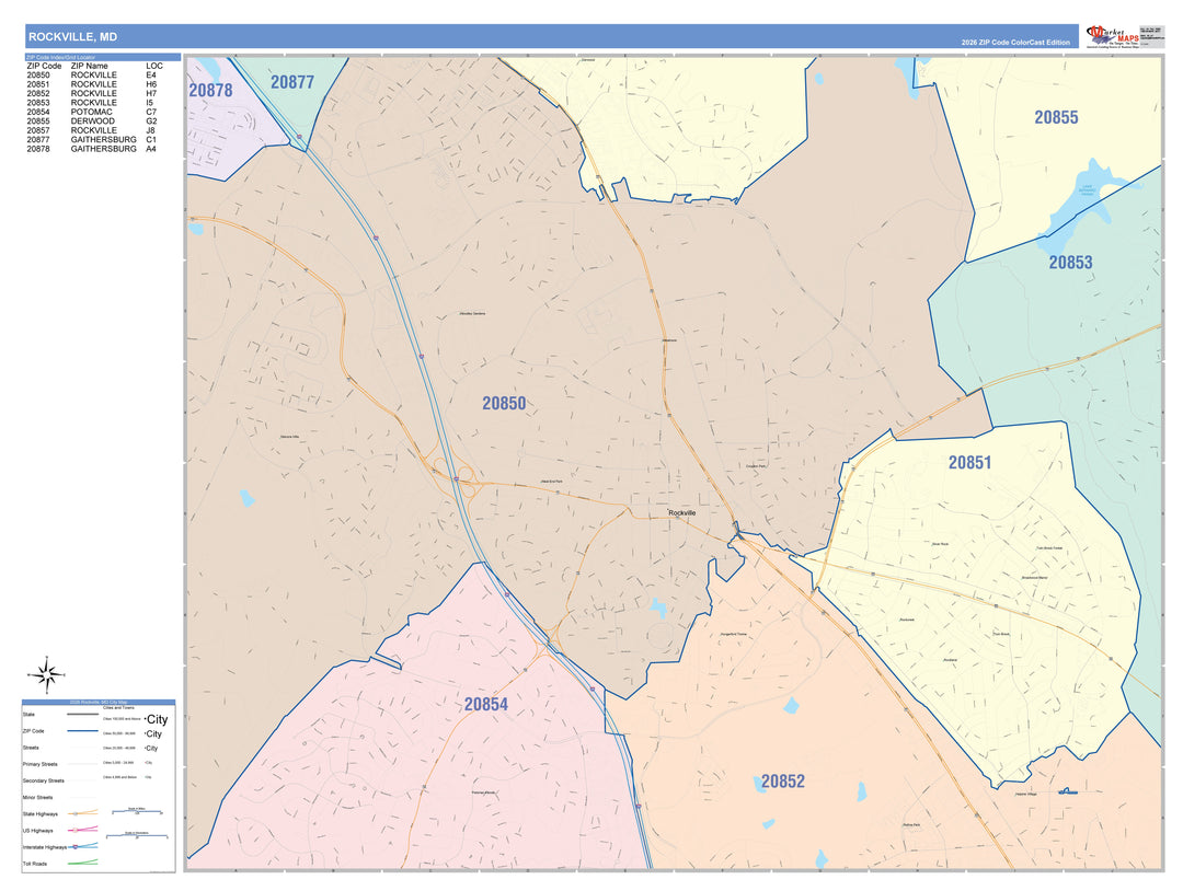 Color Cast Zip Code Style Wall Map of Rockville, MD