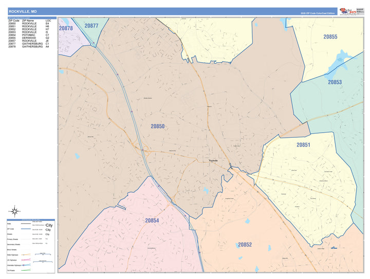 Color Cast Zip Code Style Wall Map of Rockville, MD