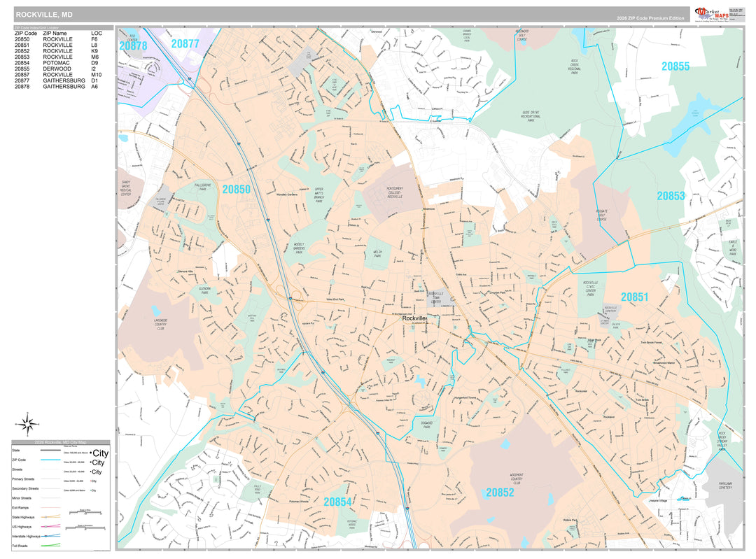 Premium Style Wall Map of Rockville, MD