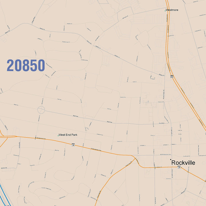 Color Cast Zip Code Style Wall Map of Rockville, MD