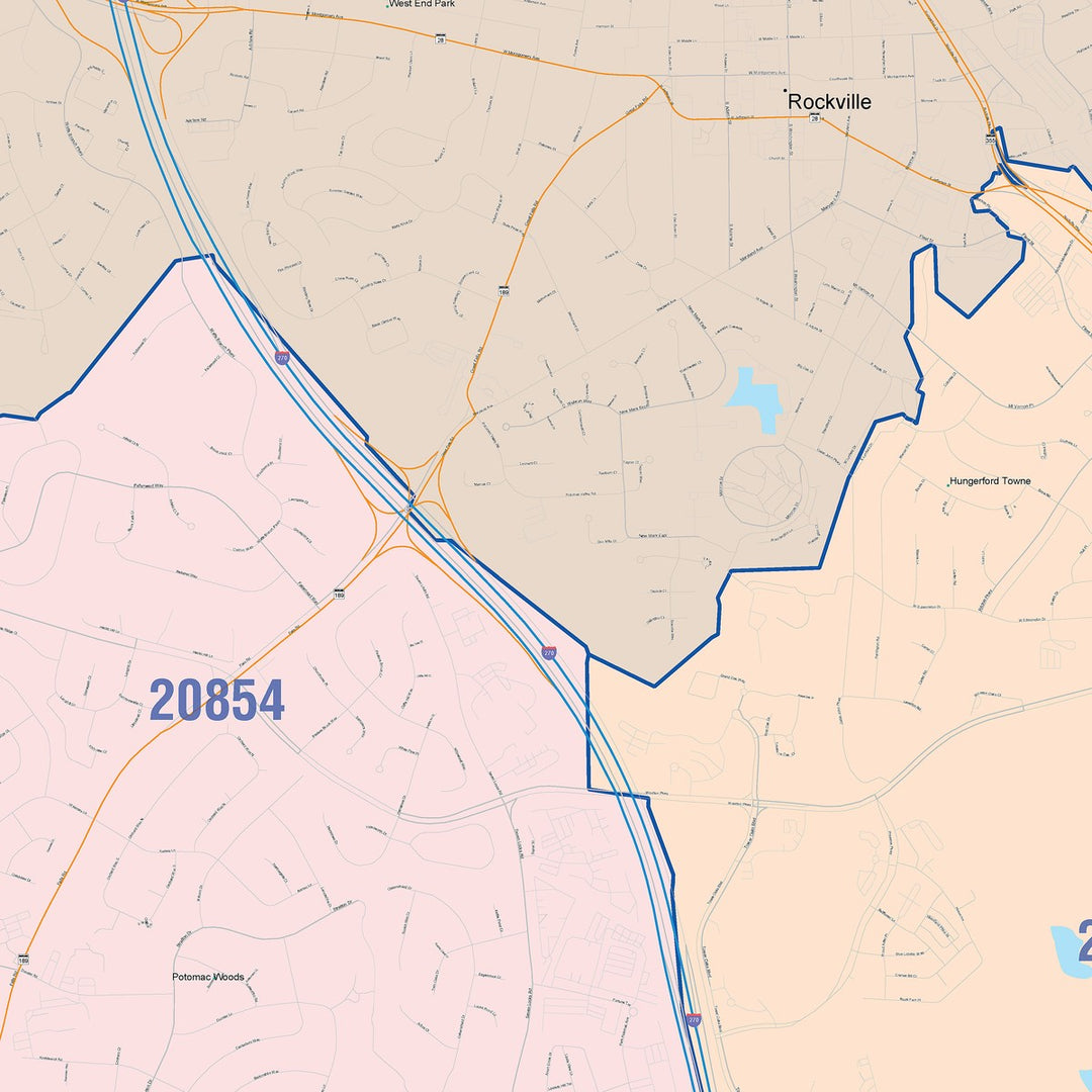 Color Cast Zip Code Style Wall Map of Rockville, MD