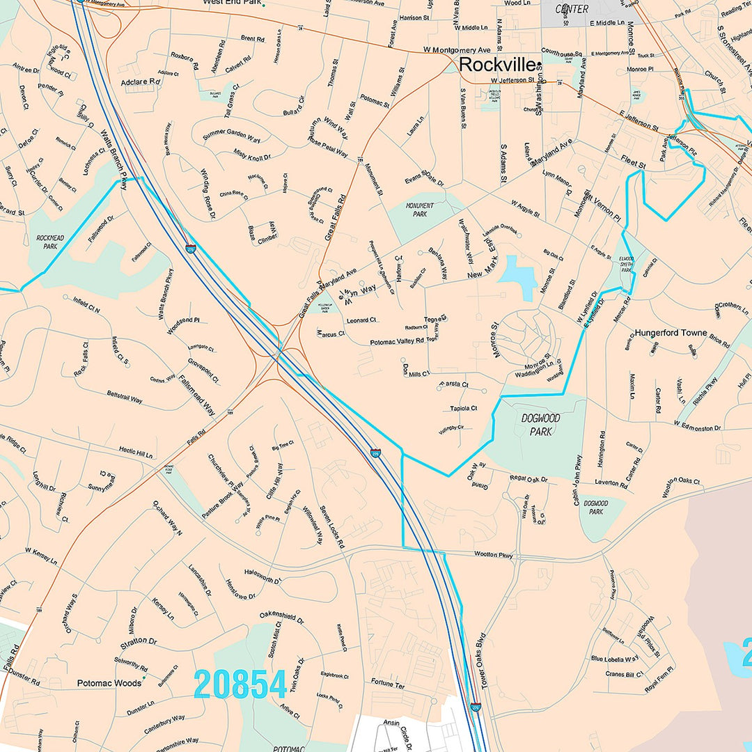 Premium Style Wall Map of Rockville, MD