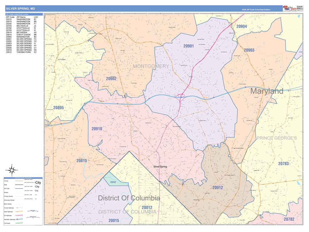 Color Cast Zip Code Style Wall Map of Silver Spring, MD
