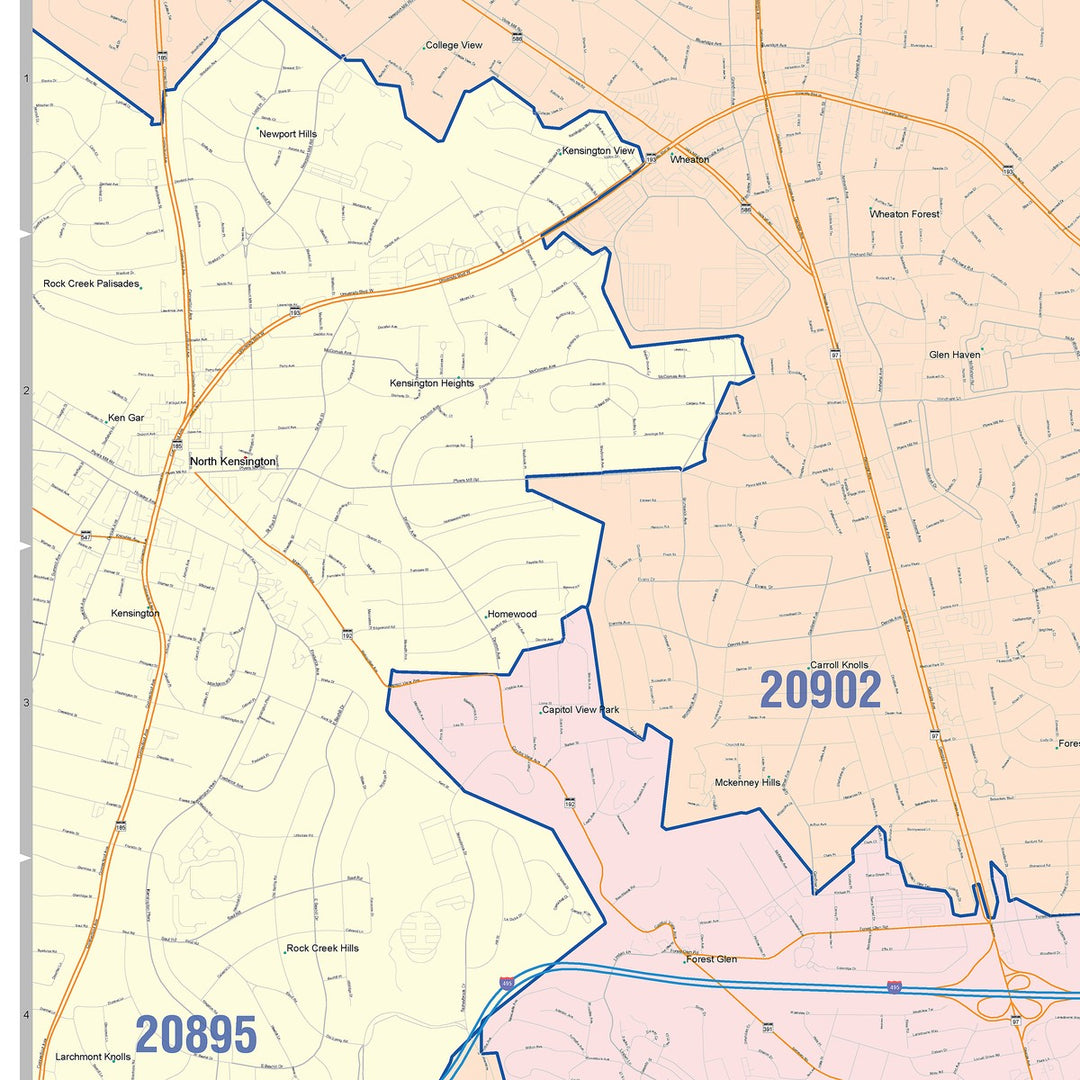 Color Cast Zip Code Style Wall Map of Silver Spring, MD