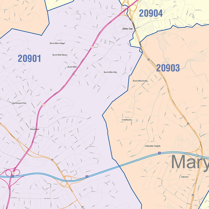 Color Cast Zip Code Style Wall Map of Silver Spring, MD