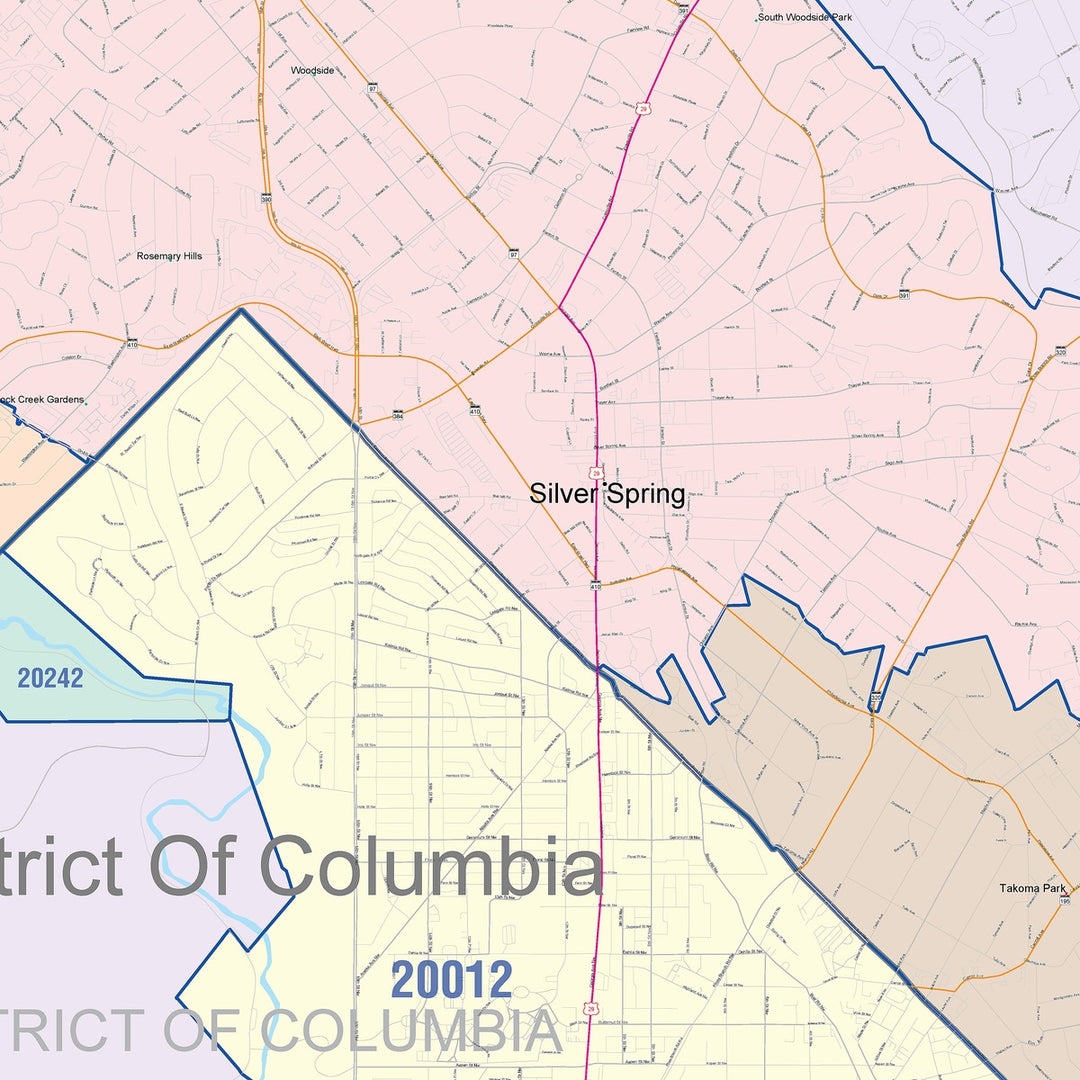 Color Cast Zip Code Style Wall Map of Silver Spring, MD