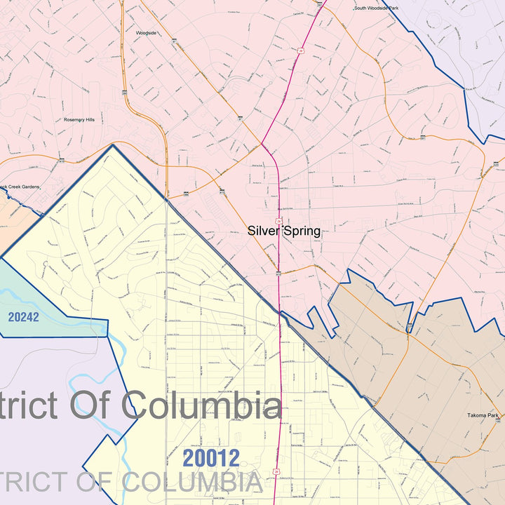 Color Cast Zip Code Style Wall Map of Silver Spring, MD